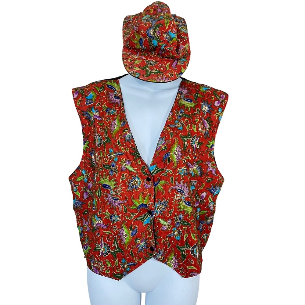 Vintage Floral Vest & Hat Set Red Hand Beaded Dance Show Size XL‎